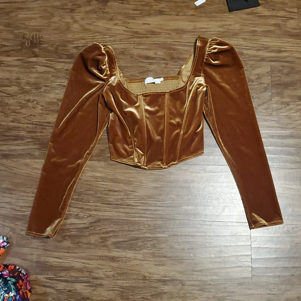 ASTR Gold Velvet Puff Sleeve Blouse Large